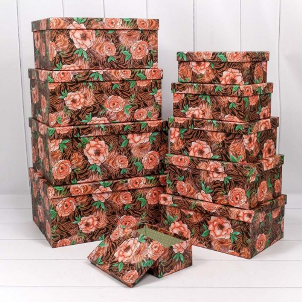 Коробка 34х26х15.3 см Набор 10 шт "Шиповник на коричневом фоне" (Коричневый)