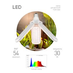 Фитолампа для растений светодиодная ЭРА GREEN LINE ФИТО-30W-PFR-E27-GR 3-х лепестковая полного спектра 30 Вт Е27 | Фитолампы Е27