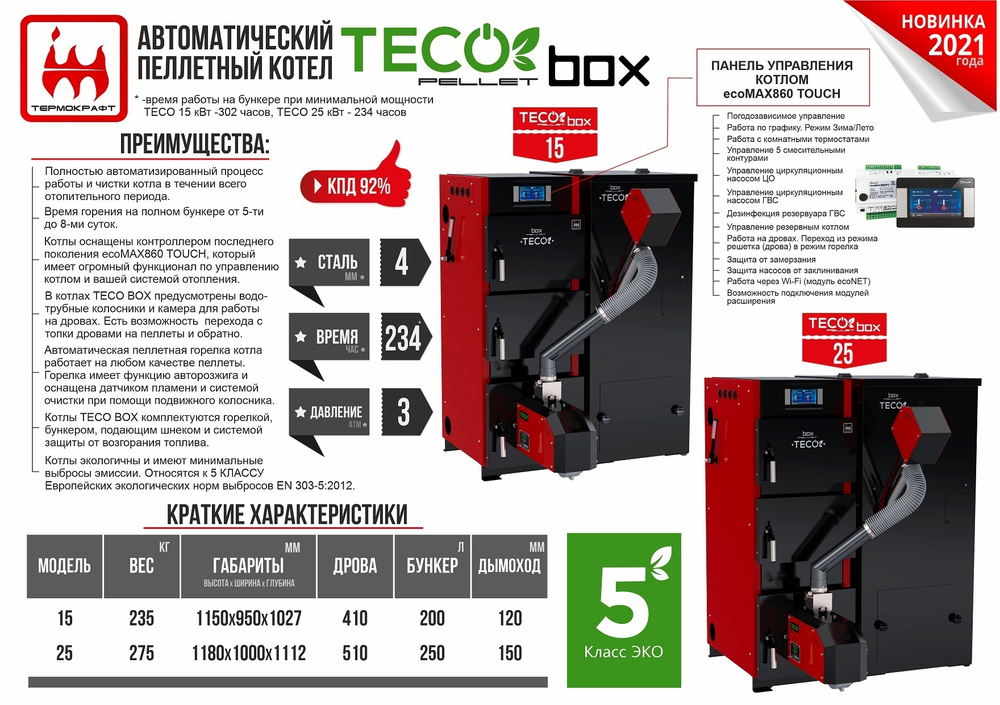 Автоматический пеллетный котел TECO PELLET BOX 25 кВт с приставным бункером