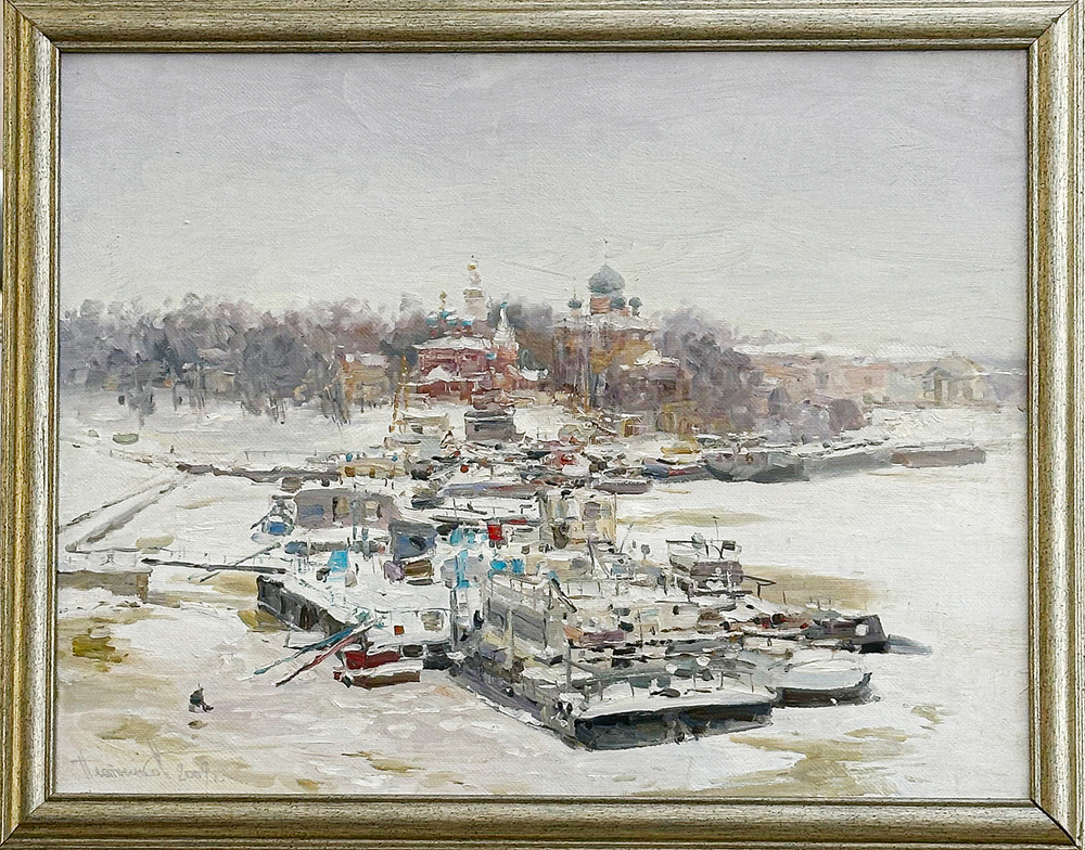Плотников В.В. Баржа. Зима в Угличе. Холст, масло. 2009г. Размер холста 40х50 см.