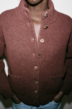 ZARA КАРДИГАН С ВОРОТНИКОМ-СТОЙКОЙ, КОРИЧНЕВЫЙ