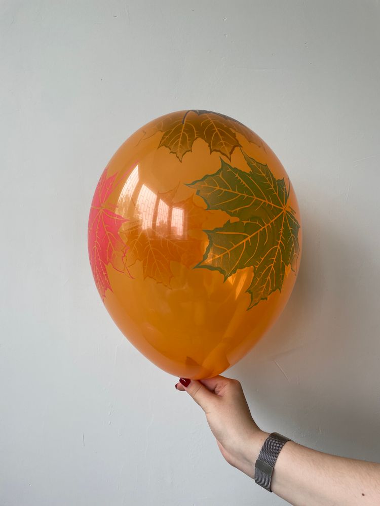 B Шар 14"/36 см, кристалл, "Лист Клен", с 5-ти ст. рис., 3-х цв. печать (оранжевый)