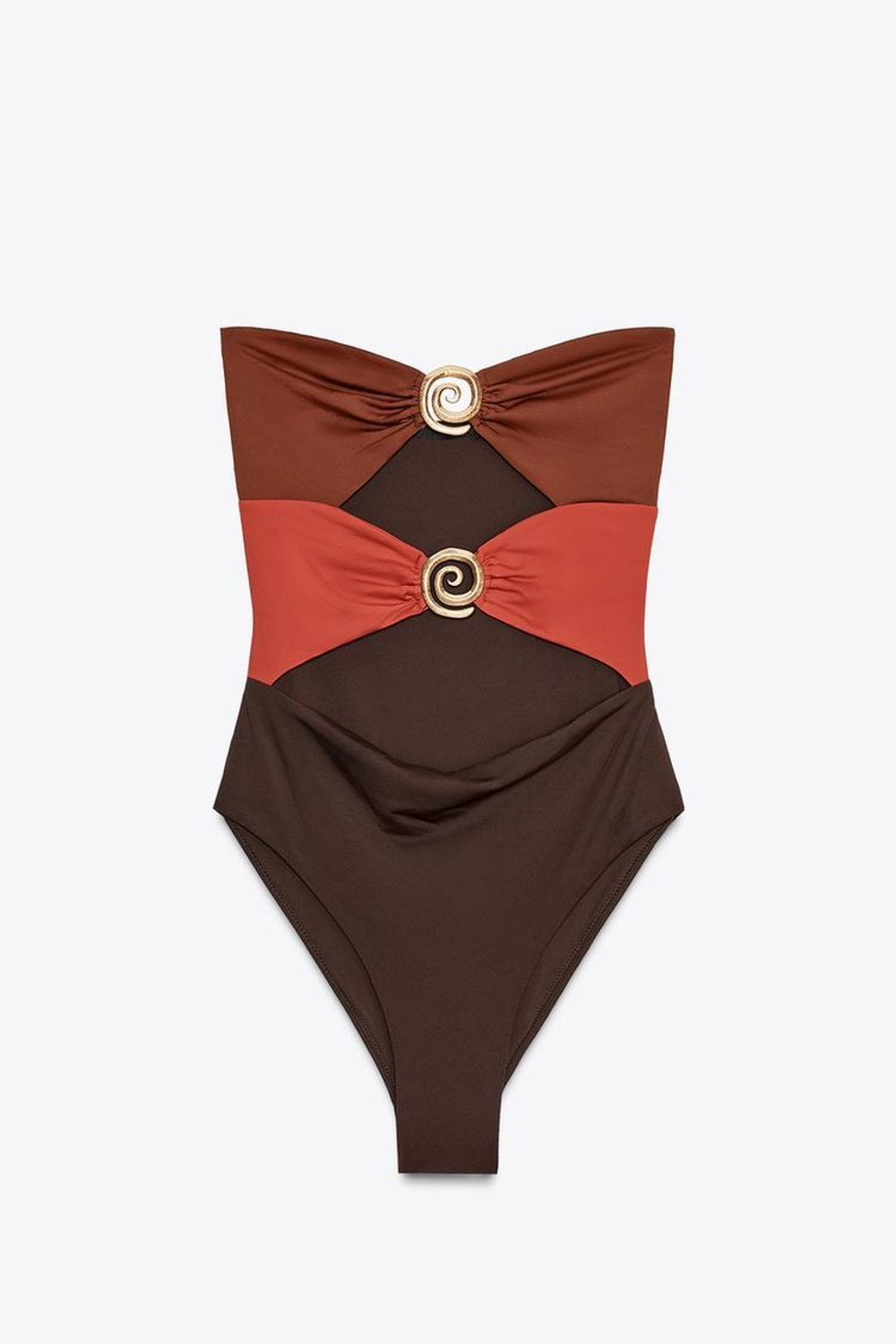 ZARA КУПАЛЬНИК БАНДО С ДЕТАЛЯМИ В ФОРМЕ СПИРАЛИ, КОРИЧНЕВЫЙ