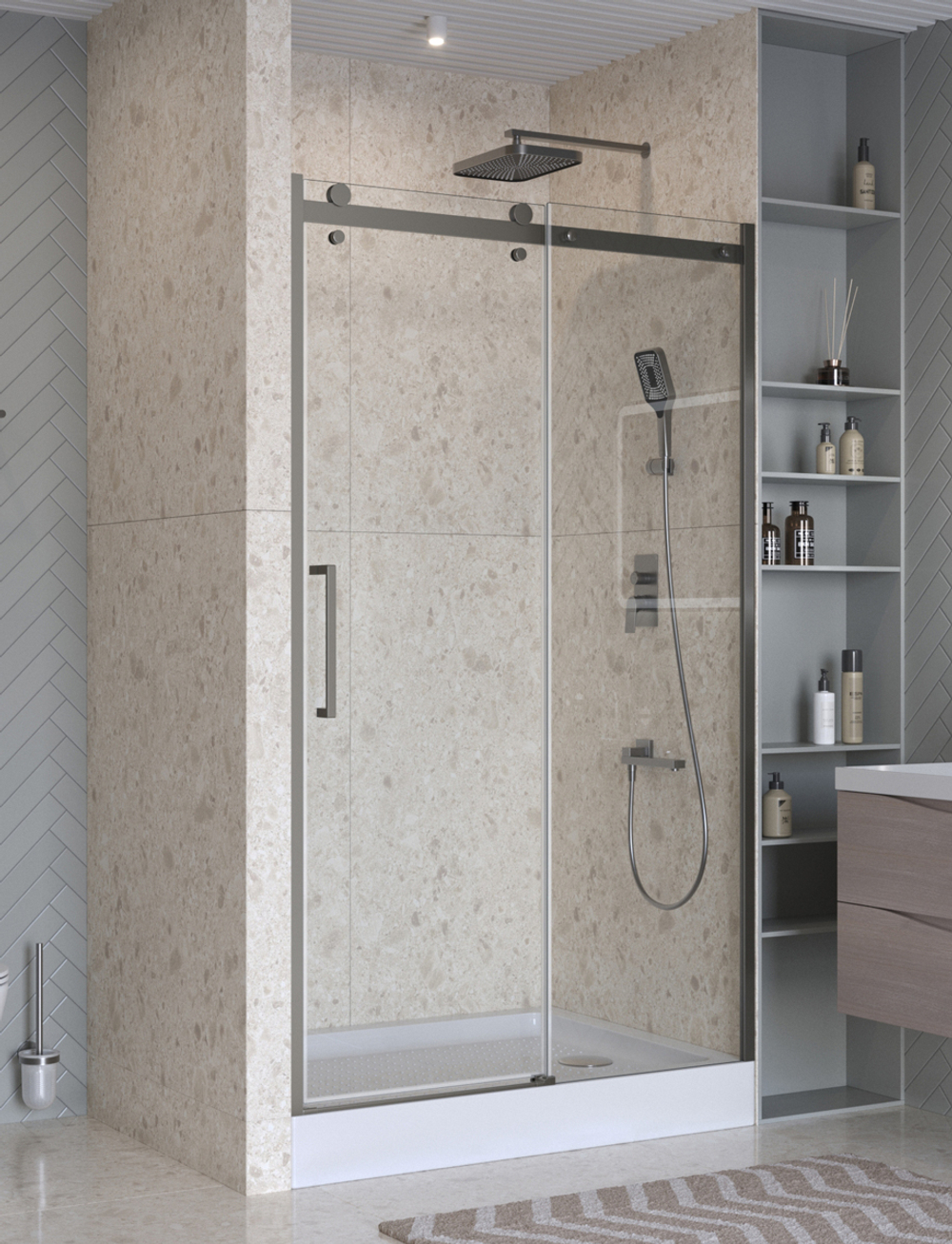 Душевая дверь шириной 111см BelBagno MARINO-2-BF-1-110-C-GM профиль оружейная сталь, стекло прозрачное