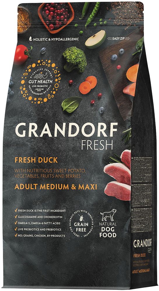 Grandorf Fresh 10кг Holistic Medium&amp;Maxi Duck&amp;Sweet Potato Сухой корм для собак средних и крупных пород, свежее мясо утки с бататом