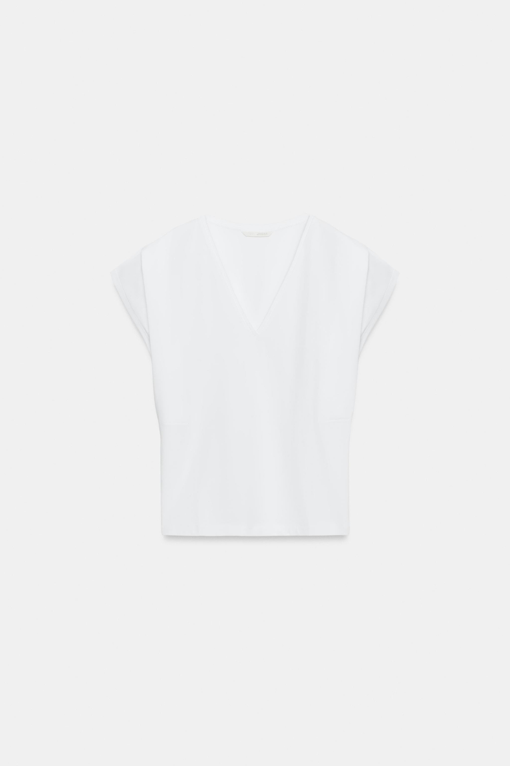 ZARA ХЛОПКОВАЯ ФУТБОЛКА С V-ОБРАЗНЫМ ВЫРЕЗОМ, БЕЛЫЙ