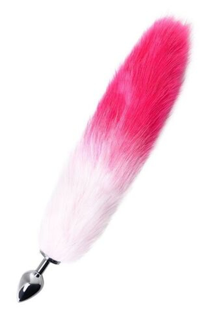 Серебристая анальная пробка с розово-белым хвостом (Цвет: розовый с белым)