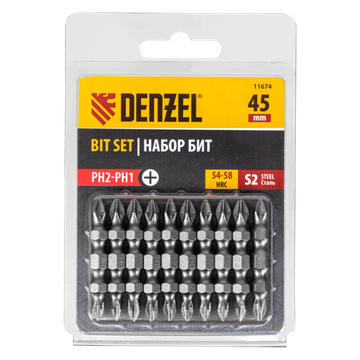 Набор бит двухстор., PH2-PH1х45 мм, сталь S2, 10шт. Denzel 11674