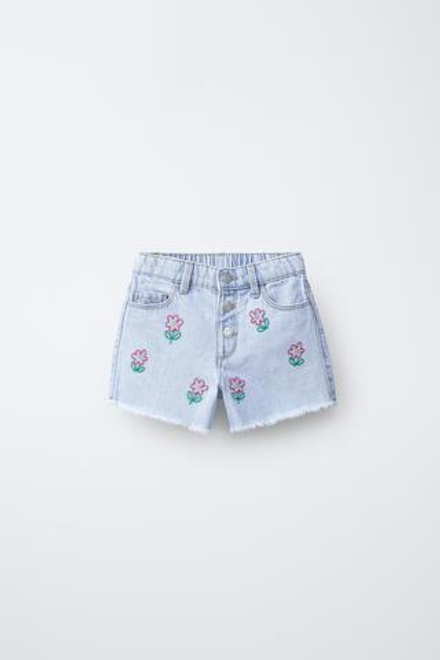 ZARA ДЖИНСОВЫЕ ШОРТЫ MOM FIT С ВЫШИВКОЙ, СИНИЙ