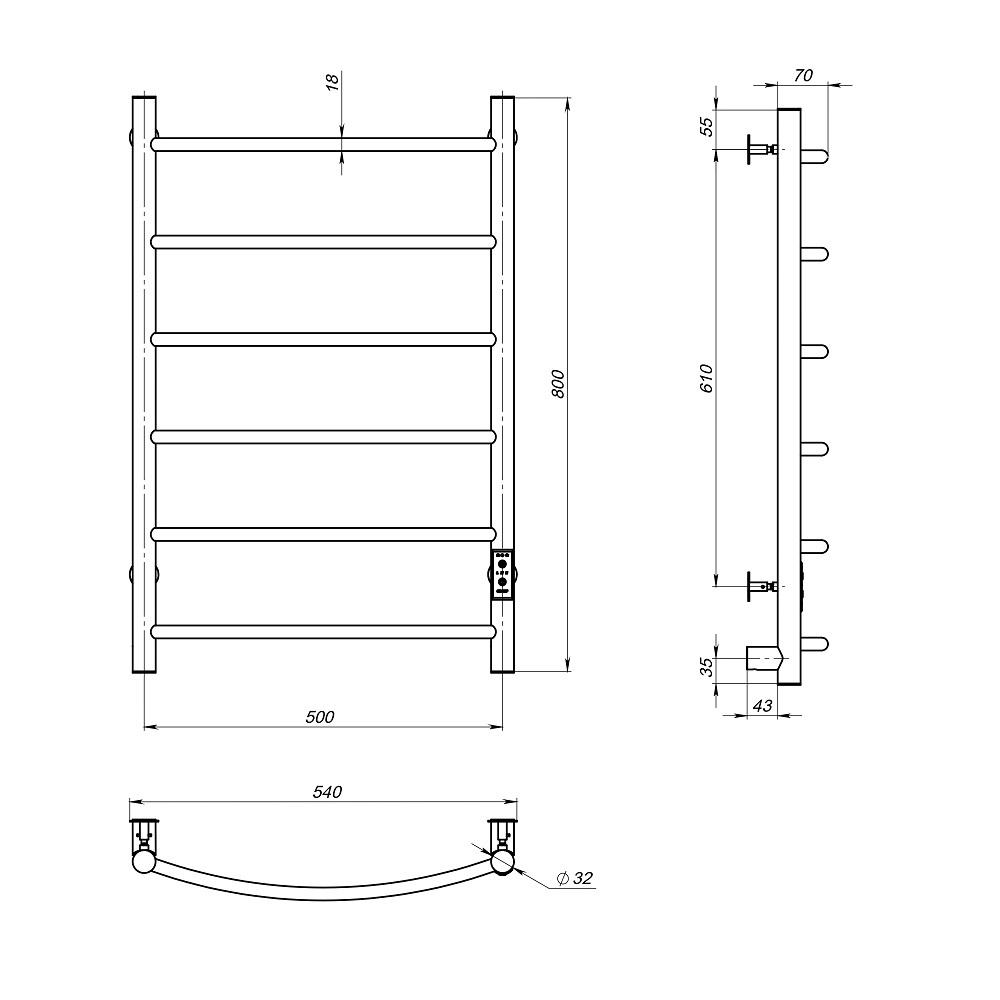 Полотенцесушитель электрический ЛЦ 80х50 6 перекл ДУГА унив (скрыт подкл, таймер,296Вт) ТРУГОР