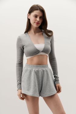 Лонгслив с перекрутом укороченный цвета серый меланж