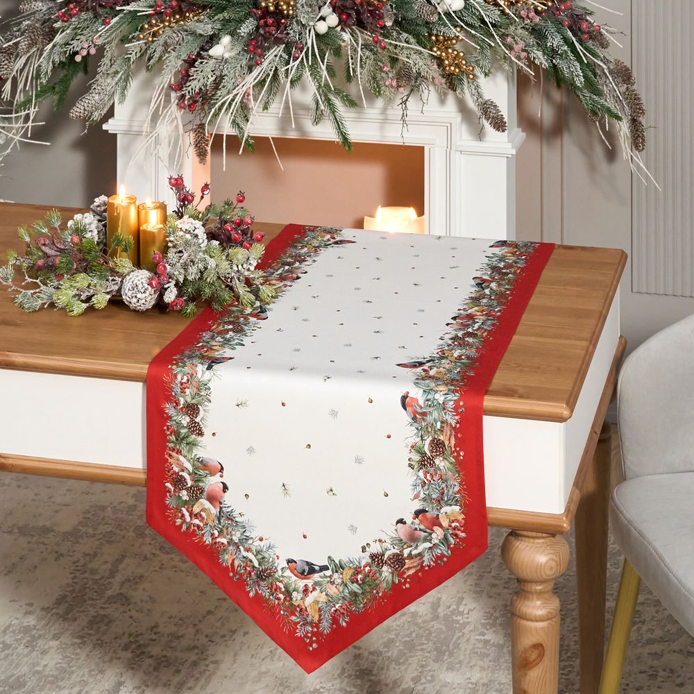 ДОРОЖКА "МОРОЗКО.СНЕГИРИ" 45Х145СМ ,КРАСНЫЙ, 100% ХЛОПОК,ТВИЛ ПРОПИТКА