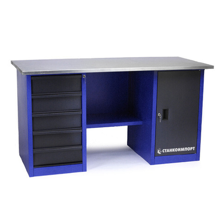 Стол для слесарных работ 1600 мм 2 тумбы (тумба с дверью, тумба с 5-ю ящиками) без экрана