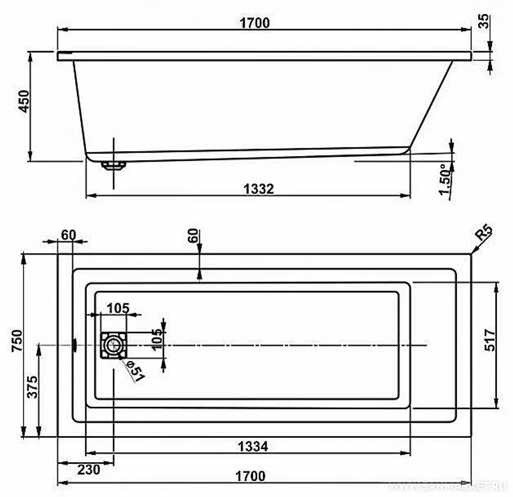 Ванна акриловая Vagnerplast Cavallo 170x75