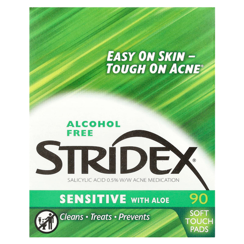 Stridex, Sensitive с алоэ, без спирта, 90 мягких салфеток