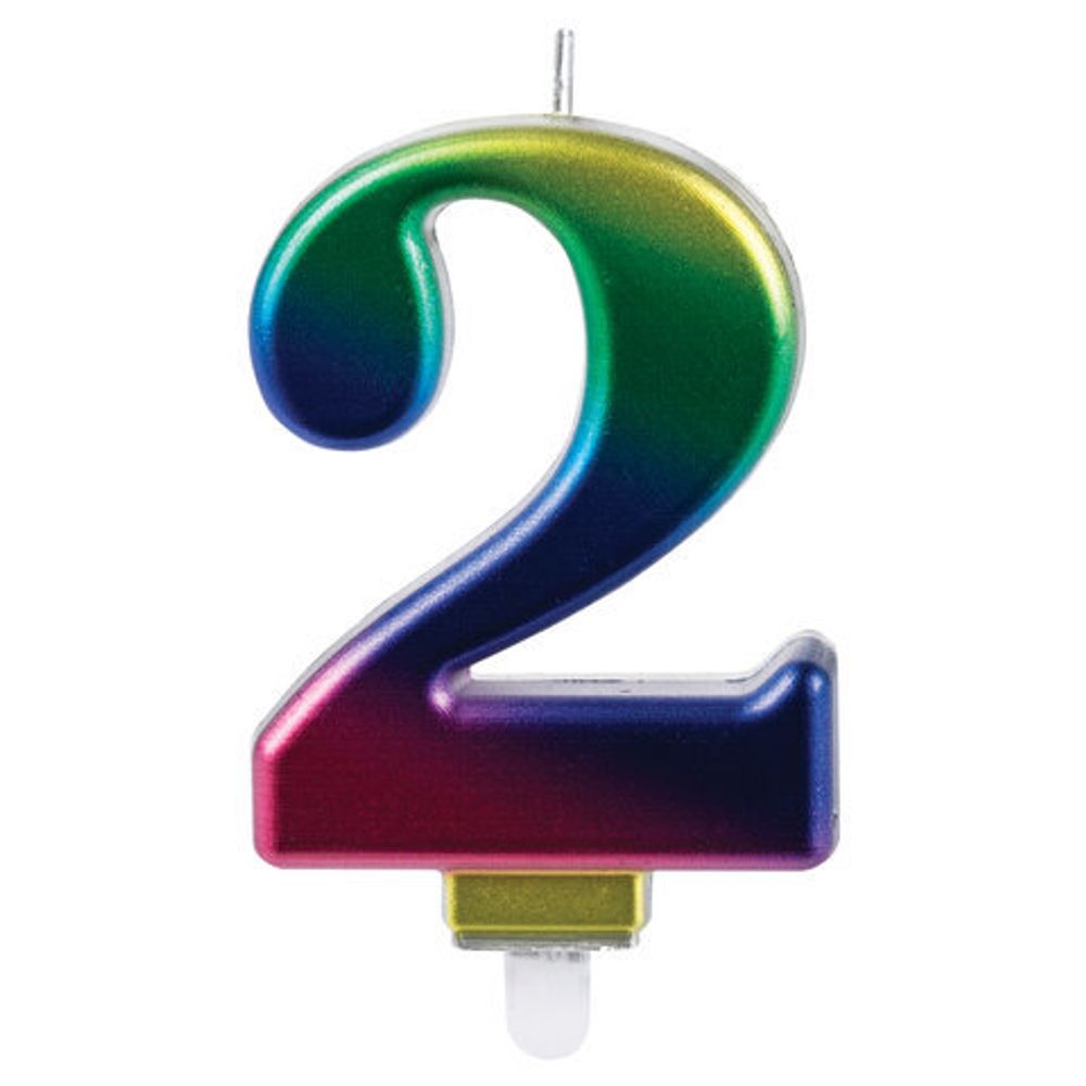 Свеча-цифра для торта "2" "Радужная", 9 см, ЗОЛОТАЯ СКАЗКА, с держателем, в блистере, 591435