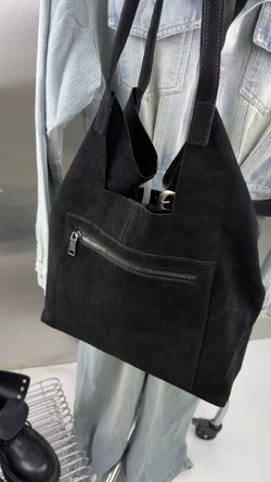 Сумка-мешок женская натуральная замша артикул 610-51 цвет "чёрный"