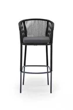 "Марсель" стул барный плетеный из роупа, каркас из стали серый (RAL7022) муар, роуп темно-серый круглый, ткань темно-серая 027