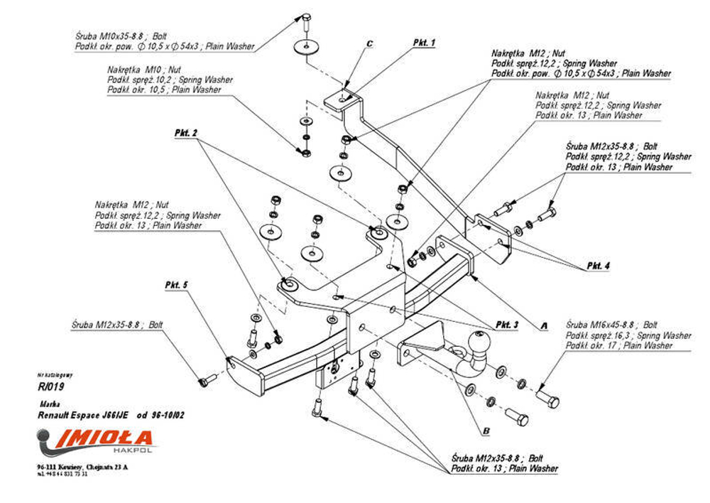 Фаркоп IMIOLA R.019 Renault Espace 1997-2002, Renault Grand Espace 1997-2002(паспорт и сертификат в комплекте)(без электрики)