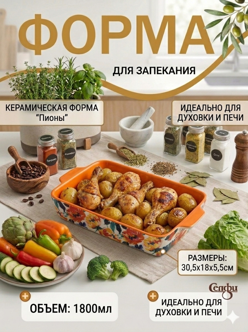 Форма керамическая для запекания «Пионы» 1,8л 30,5*18*5,5см