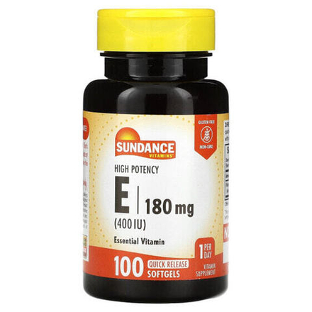 Витамин Е Sundance Vitamins, Витамин E, высокая эффективность, 180 мг (400 МЕ), 100 капсул быстрого высвобождения