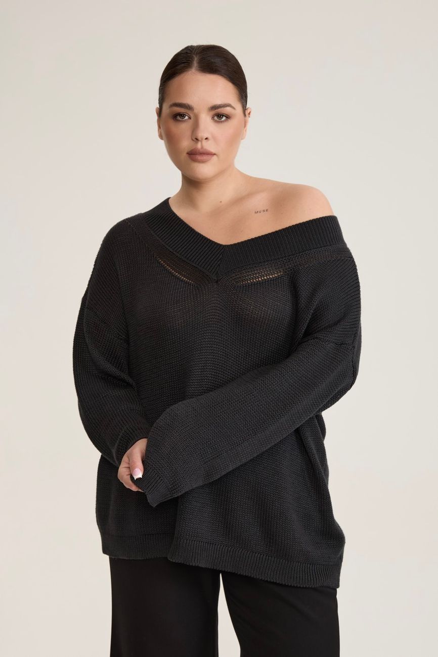 Джемпер вязаный на одно плечо, темно-серый