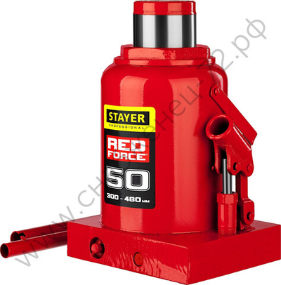 STAYER RED FORCE, 50 т, 300 - 480 мм, бутылочный гидравлический домкрат, Professional (43160-50)