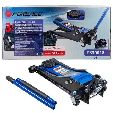 Домкрат подкатной гидравлический двухпоршневой 3т низкопрофильный с прорезиненной накладкой на рукоятке (h min 75мм, h max 510мм) Forsage F-T830018(DS)