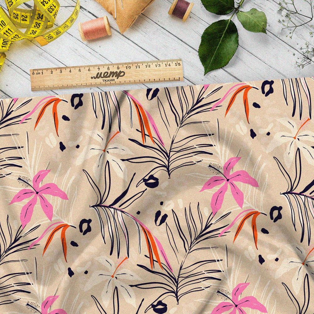 Ткань лен контурные листья с розовыми