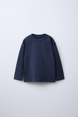 ZARA ОДНОТОННАЯ ФУТБОЛКА С КАРМАНОМ, СИНИЙ