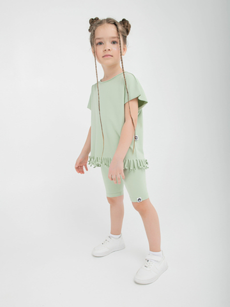 Костюм футболка с бахромой и велосипедки "Фисташковый"
