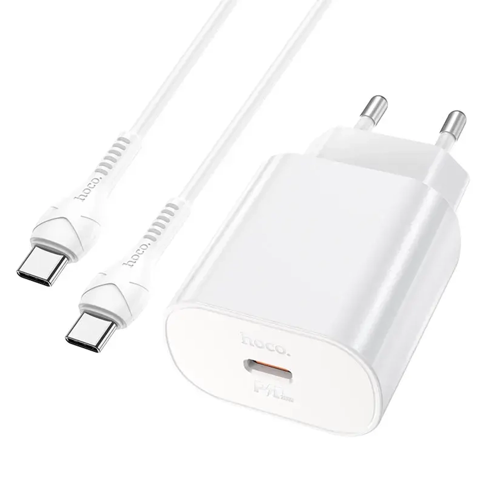 Сетевое зарядное устройство Hoco (N22) Jetta Type-C/PD25W+QC3.0 charger (EU) 3000mA + кабель Lightning (белый)