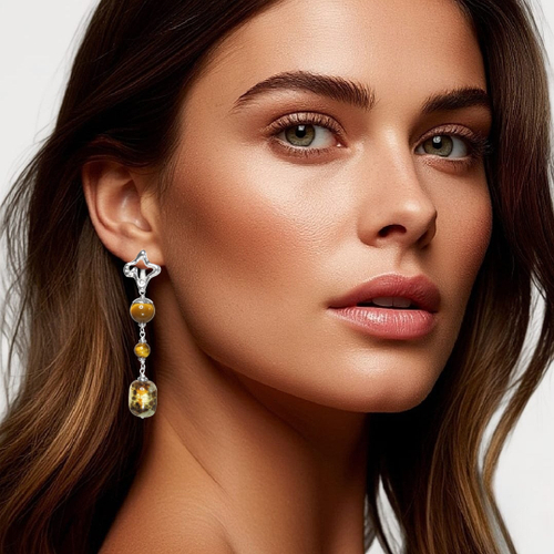 Серьги длинные с оливковым агатом и тигровым глазом