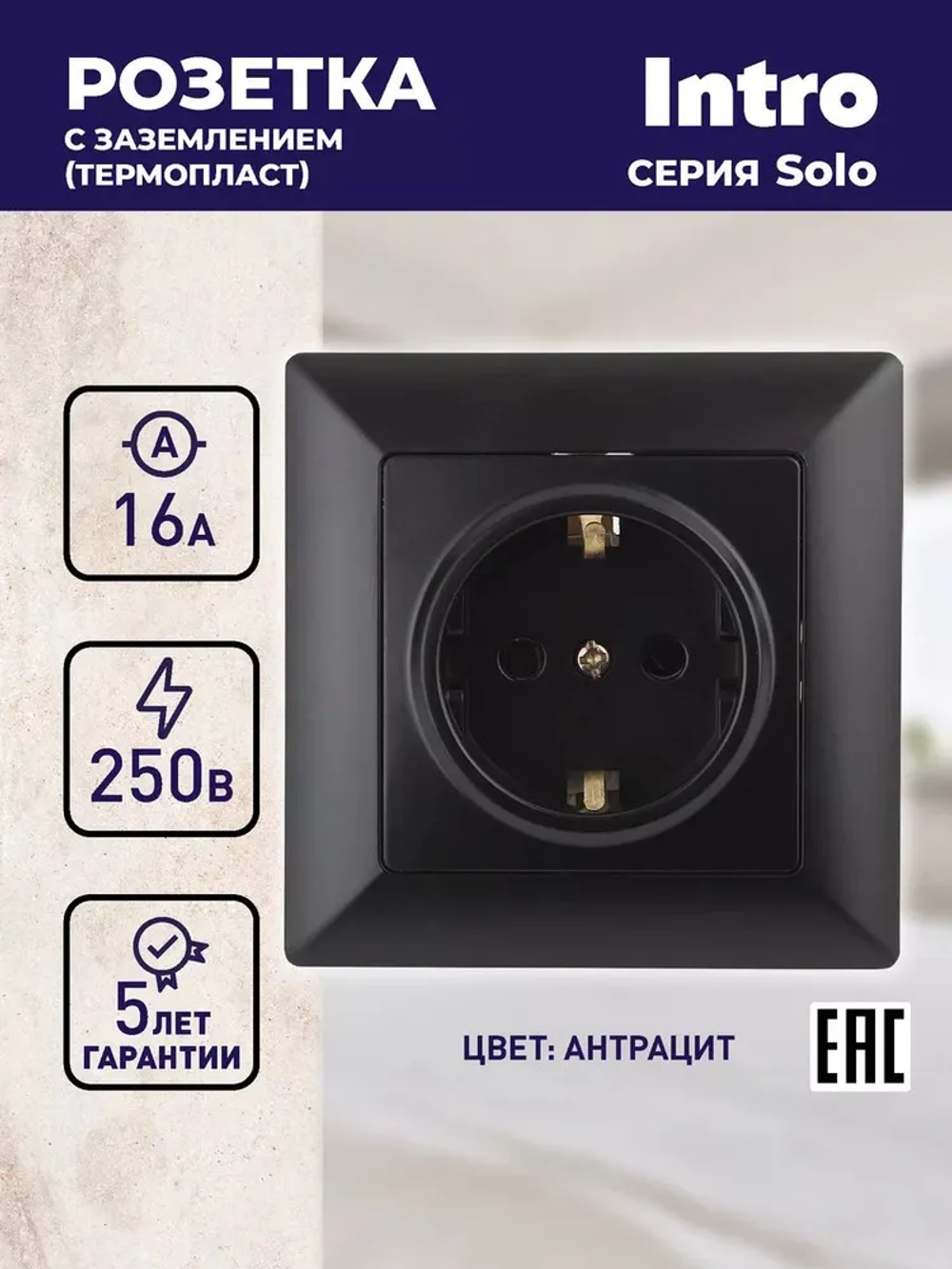 Розетка Intro Solo 4-202-05 с заземлением 2P+E Schuko 16А-250В IP20 скрытой установки черный