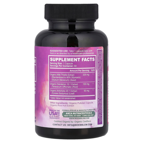 BioEmblem, органическая смесь, средство для очищения печени, 60 растительных капсул