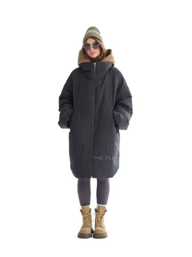 Черно-оливковый длинный пуховик с капюшоном