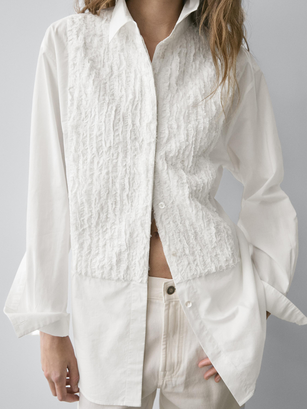 Massimo Dutti Рубашка с большим отложным воротником и вышивкой, белый