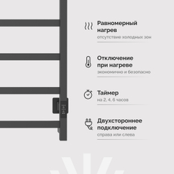 Полотенцесушитель электрический EWRIKA Пенелопа КВ7 60x55 см, подключение справа, слева, скрытое подключение справа, графит, лесенка, из стали