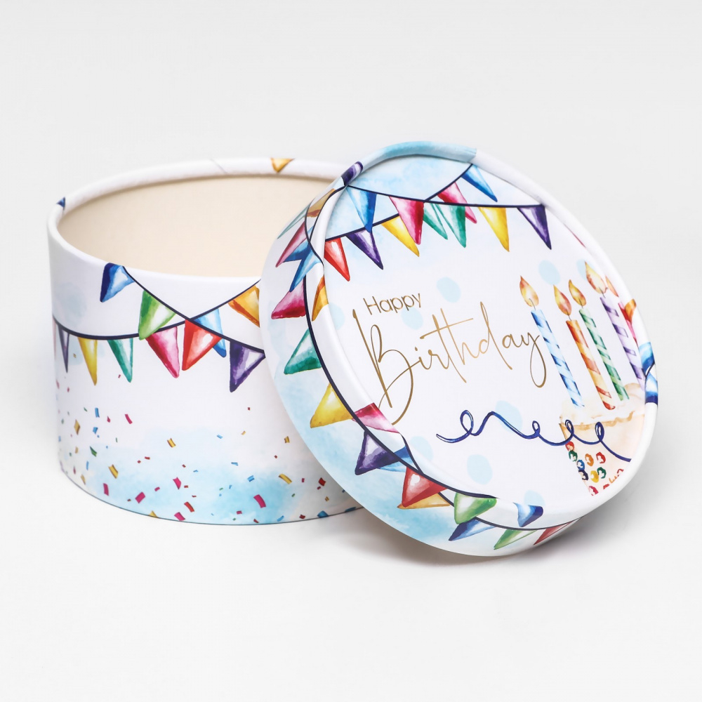 Шляпная коробка без окна d13 h9 см. "Happy Birthday,"