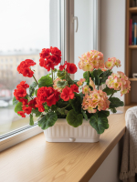 Искусственные цветы для декора Герань персиково-красная 40см в балконном ящике