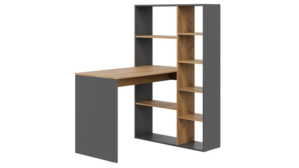 Стол письменный с полками и шкафом Графит Серый/Дуб Крафт Золотой 90х110х140 см
