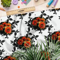 Ткань интерлок цветы с черными листиками