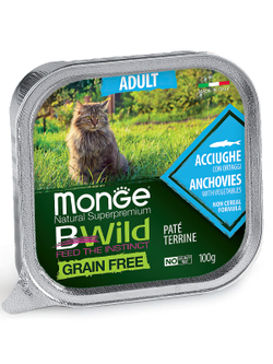 Monge Cat BWild GRAIN FREE беззерновые консервы из анчоусов с овощами для взрослых кошек 100г