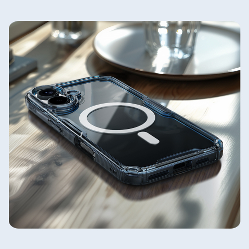 Прозрачный чехол с синими рамками от Nillkin с поддержкой MagSafe для iPhone 16, серия Nature TPU Pro Magnetic Case