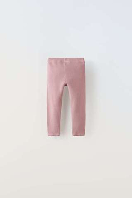 ZARA ЛЕГИНСЫ ИЗ РИФЛЕНОГО ТРИКОТАЖА С КРУЖЕВОМ, ТЕМНО-РОЗОВЫЙ