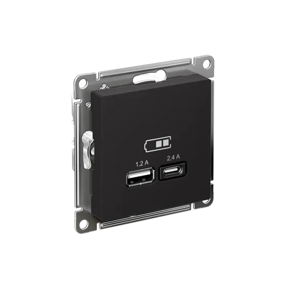 Розетка USB AtlasDesign тип A+C 5В/2.4А 2х5В/1.2А механизм карбон SE ATN001039