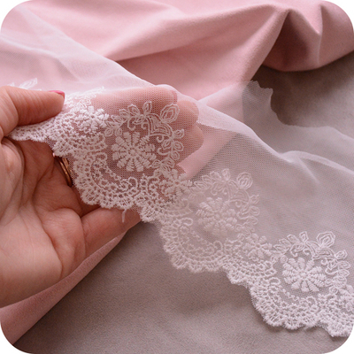 Кружево на тонкой сетке, цвет белый, ширина 13см, размер отреза 45см