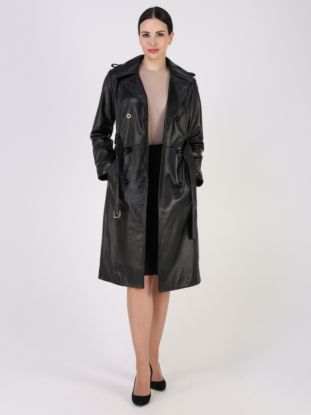Тренч длинный кожаный с поясом плащ