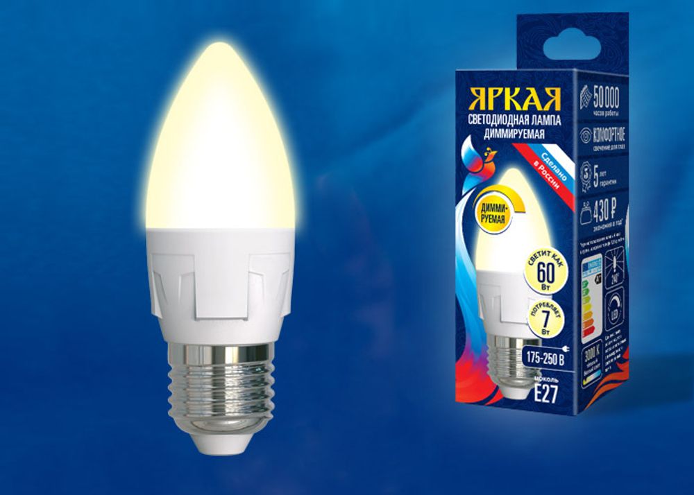 LED-C37 7W/3000K/E27/FR/DIM PLP01WH Лампа светодиодная, диммируемая. Форма «свеча», матовая. Серия Яркая. Теплый белый свет (3000K). Картон. ТМ Uniel.
