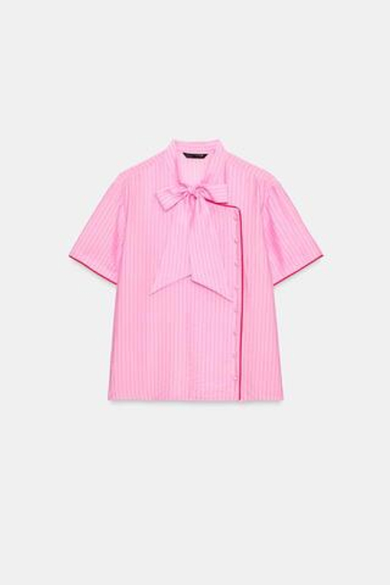 ZARA ТОП В ПОЛОСКУ С БАНТОМ, РОЗОВЫЙ
